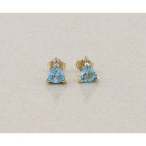 10k Yellow Gold Natural Blue Topaz & Diamond Earrings Stud 5/16" x 1/4"